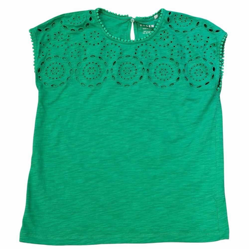 BODEN US 6 Kelly Green Willow Broderie Eyelet T-Shirt Shirt Boho Classic Top